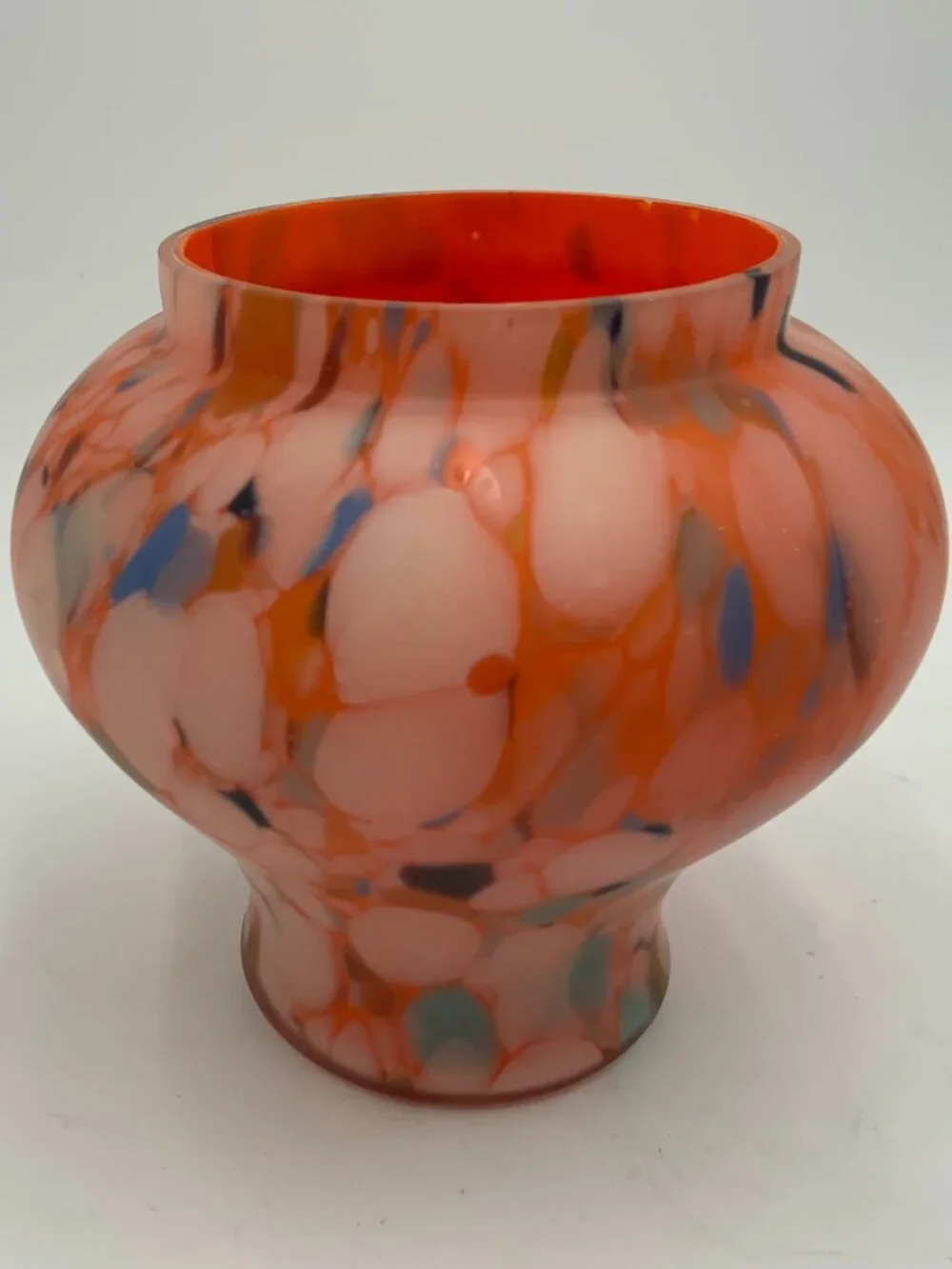 Vtg Czech Art Deco Splatter Glass Posey Vase Orange Blue Melon Bohemian Kralik